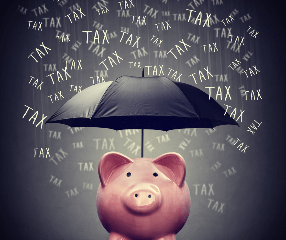 piggybank with umbrella over head and the word tax in multiple times illustration - New Haven County estate planning