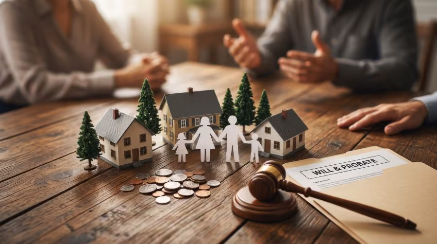 Miniature houses, paper family figures, coins, and a judge’s gavel beside a will and probate document on a wooden table during an estate planning discussion.