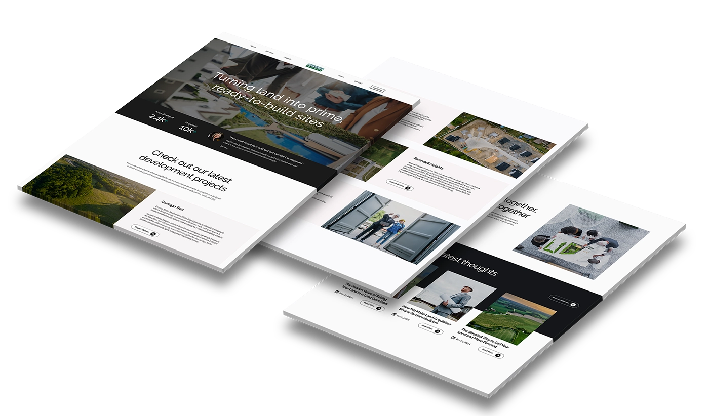 Web design screenshots showing 3 web pages for a structural engineering and construction company called Corridor Development.