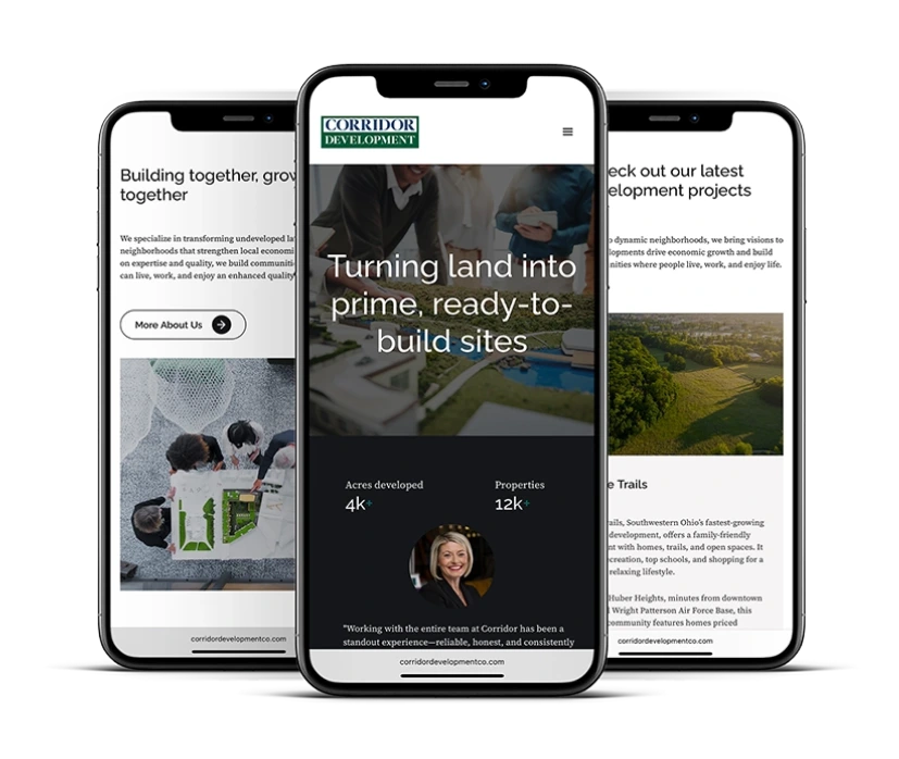 Screen shot of mobile web design for our Dublin Ohio customer Corridor Development.