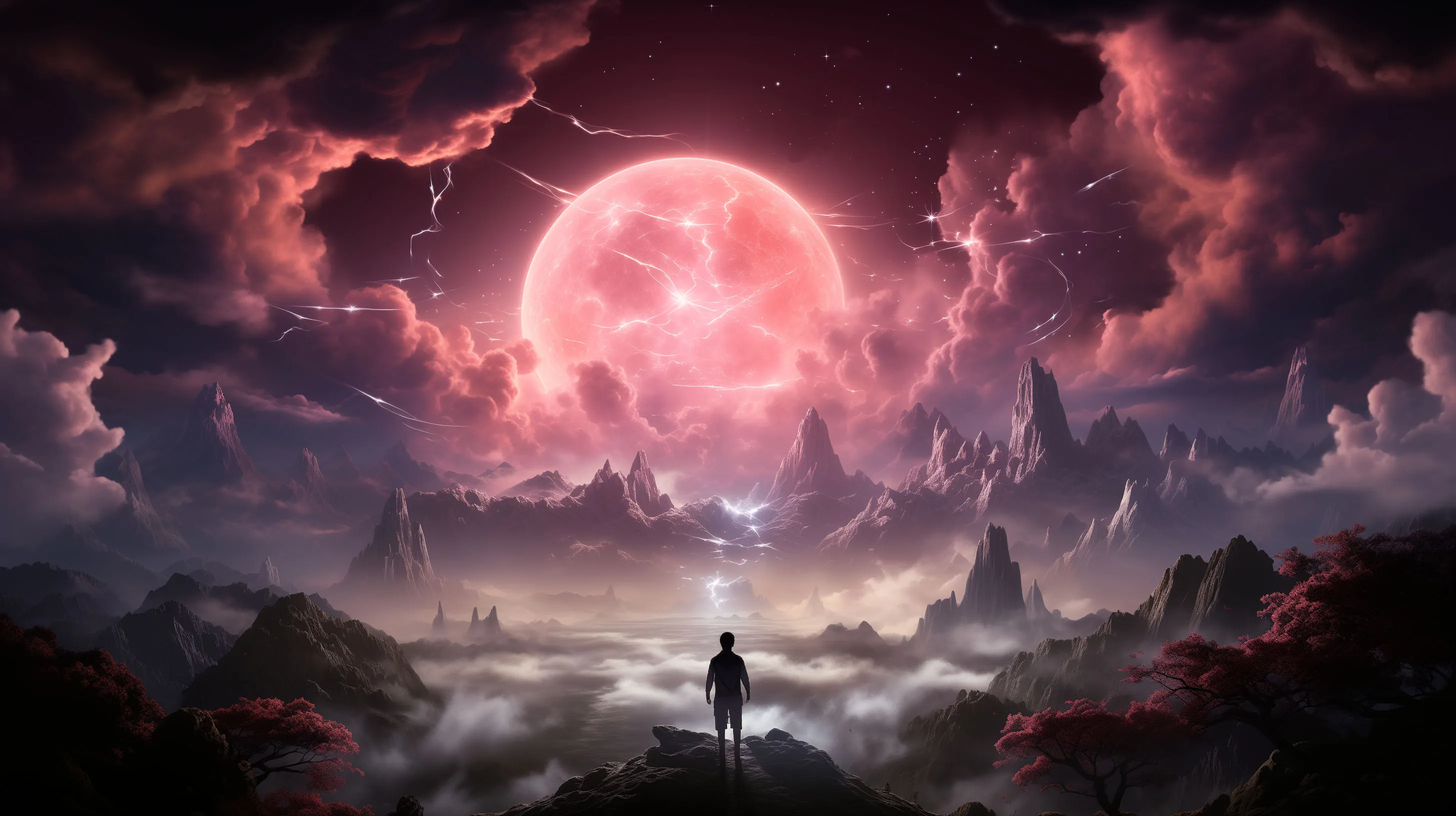 Pink moon with a open land. Energy flow in the sky with surrounding mountainscape. Man standing overlooking the scene.