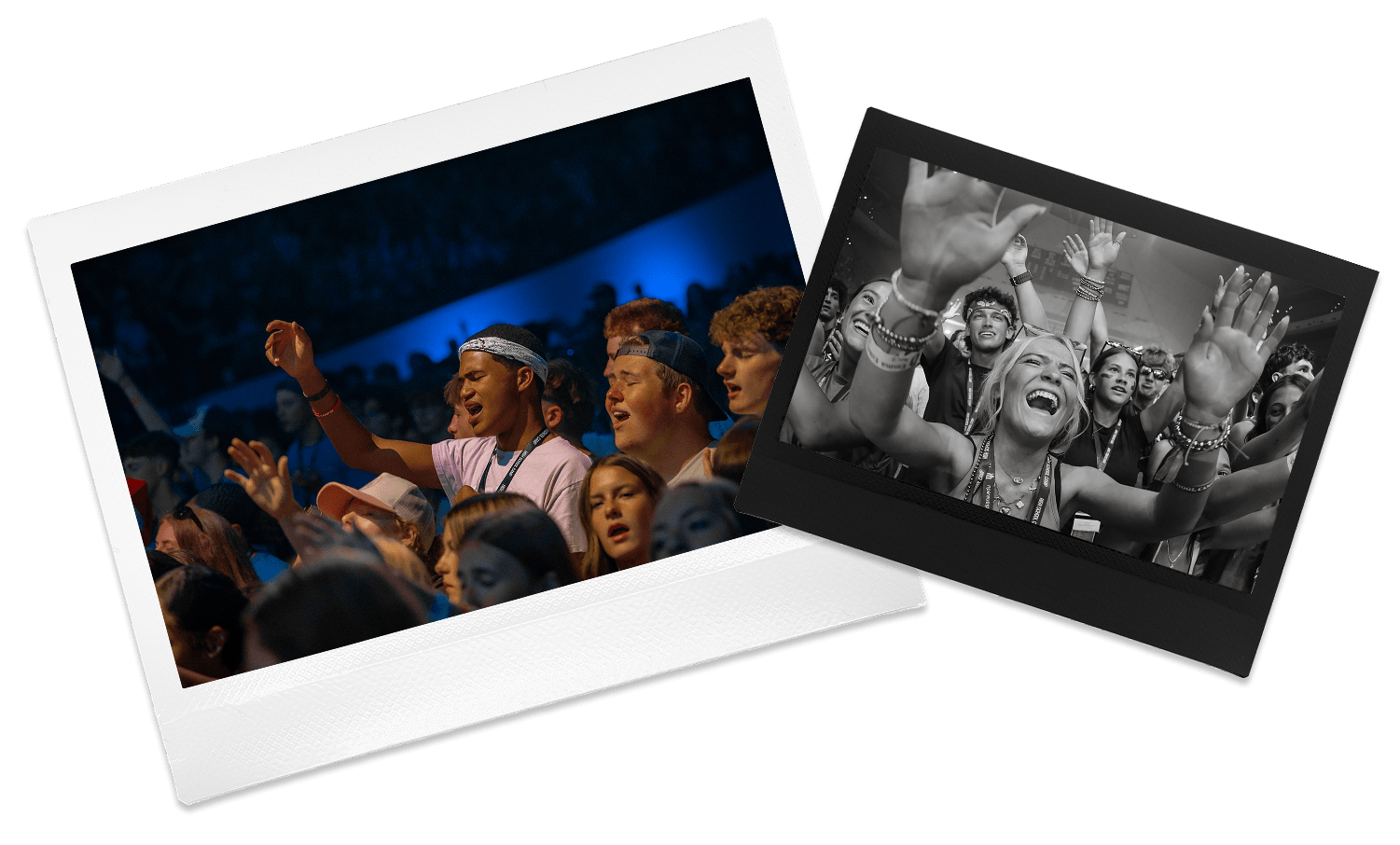 Two overlapping instant photos: on the left, a diverse group of people at a concert with raised hands and smiling faces; on the right, two young men smiling indoors, one making a hand gesture.