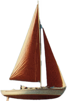 Small sailboat with two rust-colored sails and a beige hull.