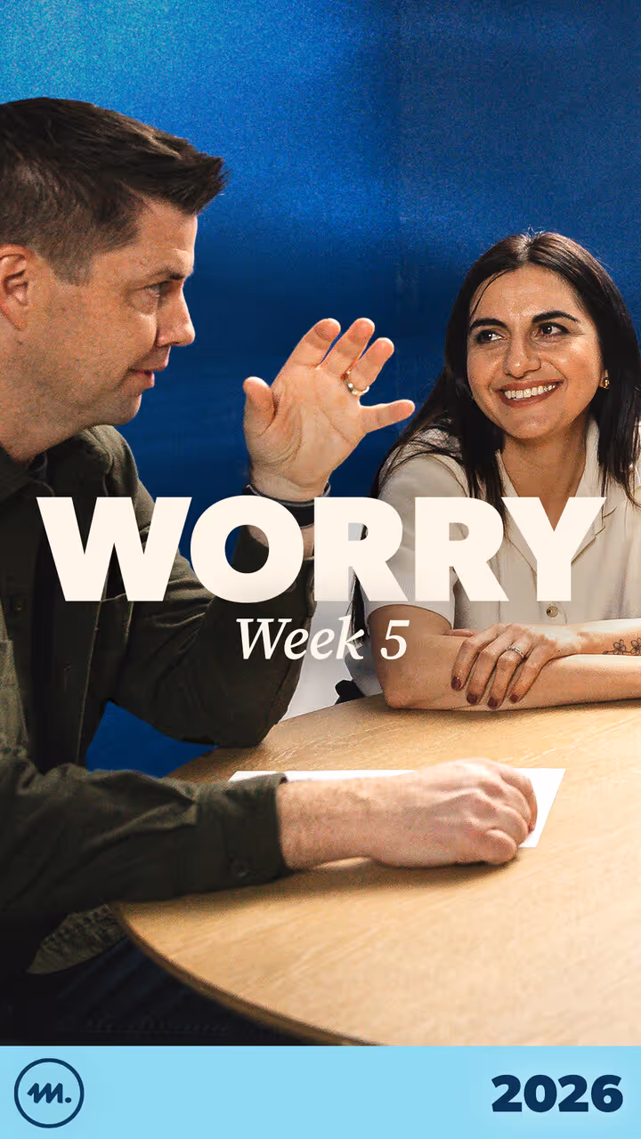 Man and woman sitting at a table having a conversation with text overlay reading 'WORRY Week 5' and the year 2026 at the bottom.