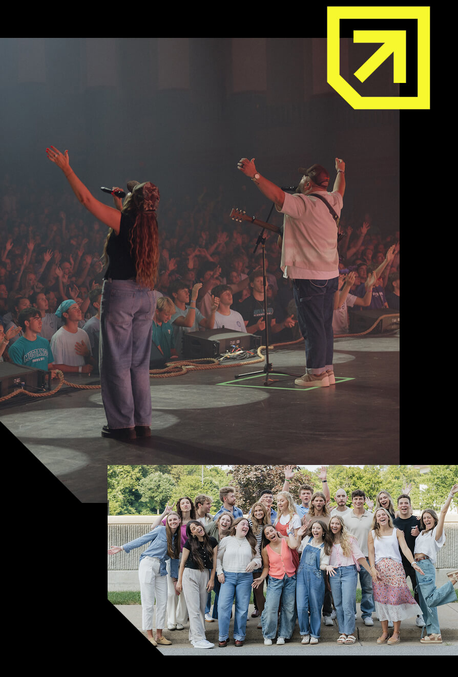 Two musicians on stage with arms raised facing a cheering crowd, plus a group of smiling young adults outdoors.