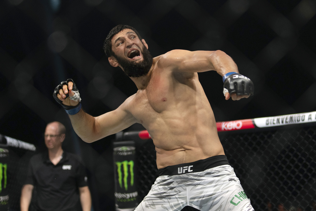 Khamzat Chimaev celebrates his win at UFC Fight Night. Chimaev will fight for the UFC Middleweight title at UFC 319: Du Plessis vs. Chimaev. Find Du Plessis vs. Chimaev predictions and PrizePicks UFC picks.