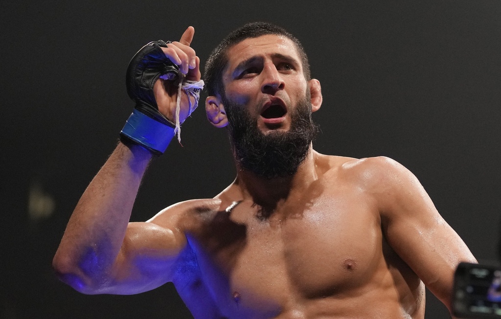 Khamzat Chimaev celebrates after winning a UFC fight. Du Plessis vs. Chimaev is the main event for UFC 319 on Saturday, August 16. Chimaev is a top PrizePicks UFC pick for UFC 319.