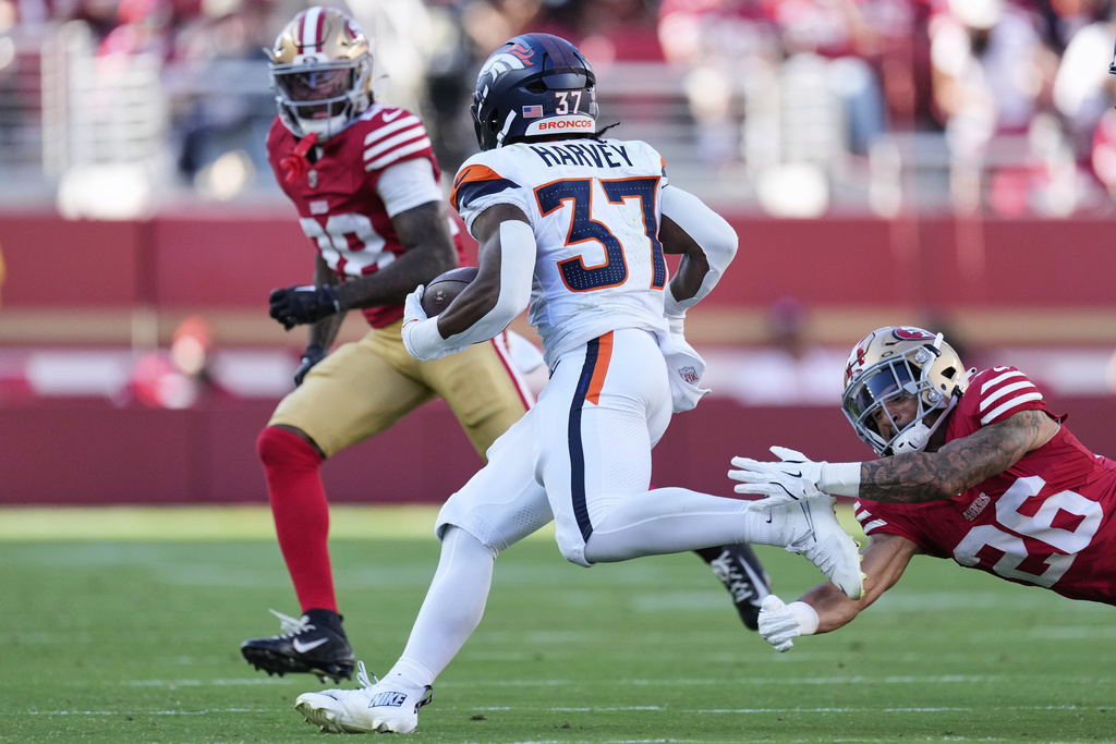 Broncos RB RJ Harvey has the inside track on the Broncos starting RB job, sitting atop the depth chart.