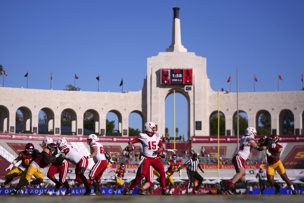 Nebraska QB Dylan Raiola throws in a college football game during the 2025 season.