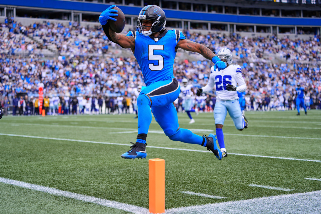Panthers RB Rico Dowdle runs a football in an NFL game.