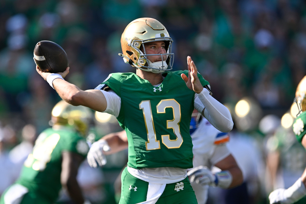 CJ Carr throws during a college football game. Carr is highlighted in our USC vs. Notre Dame prediction and picks for Saturday, October 18.