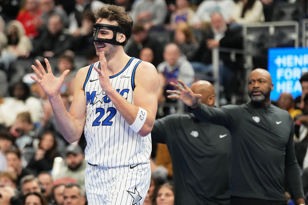 Orlando Magic F Franz Wagner reacts in an NBA Cup game against the Detroit Pistons.
