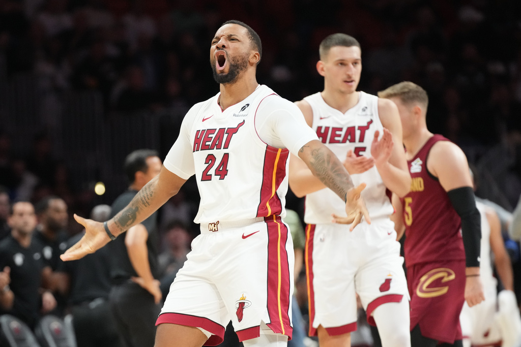 Heat SG Norman Powell celebrates during an NBA game.