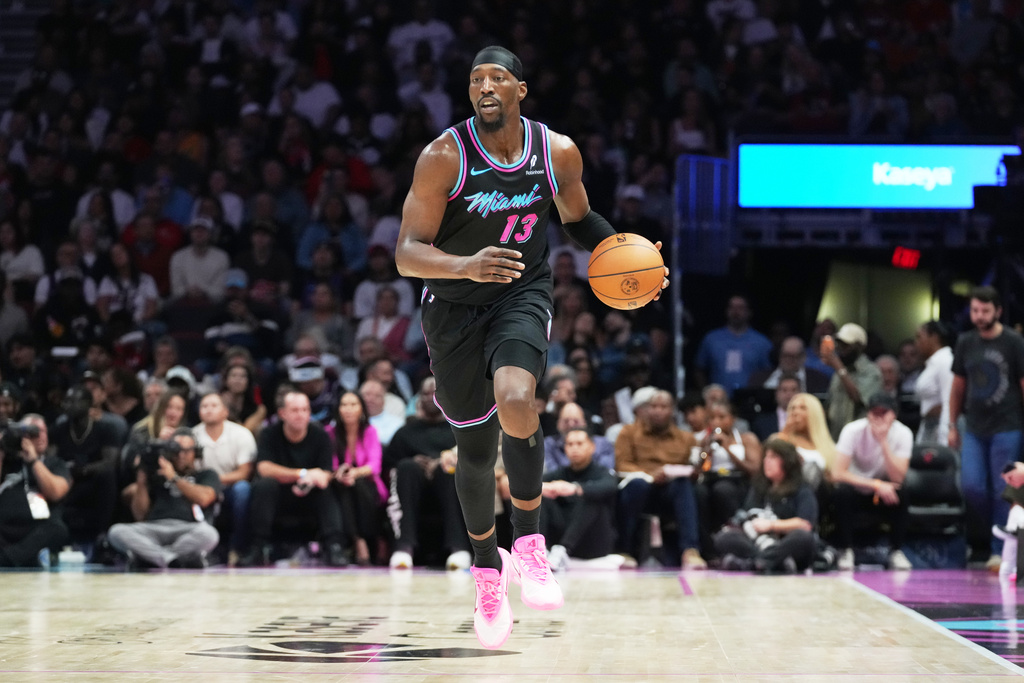 Miami Heat C/F Bam Adebayo dribbles up the floor against the Detroit Pistons.
