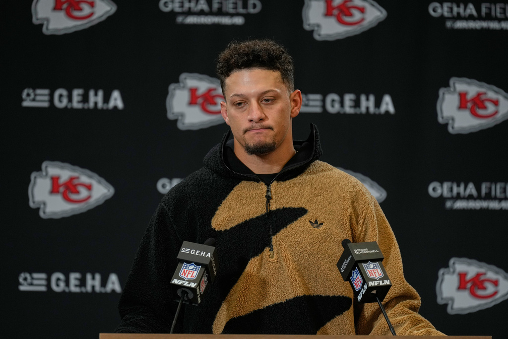 Chiefs QB Patrick Mahomes speaks at a press conference after an NFL game.