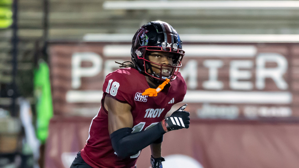 Troy Trojans WR DJ Epps runs down the field during a college football game.