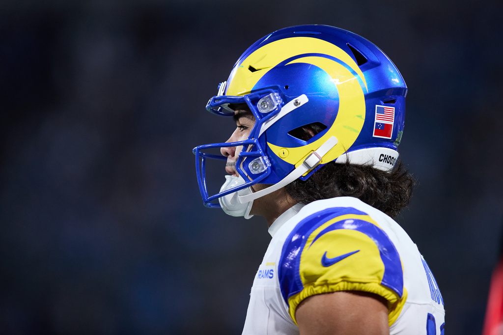 Los Angeles Rams WR Puka Nacua warms up before a game against the Carolina Panthers.