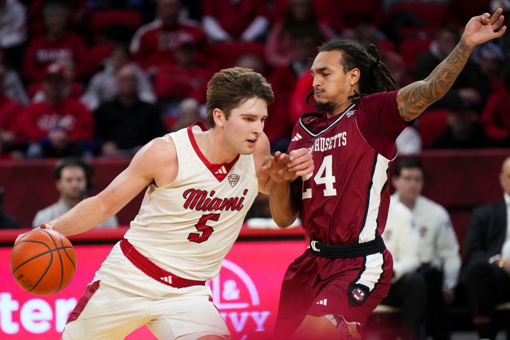 Miami (OH) G Peter Suder drives the basketball in a CBB game.