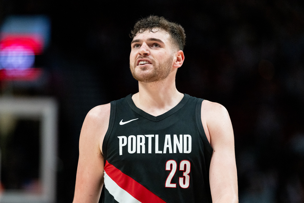 Portland Trail Blazers C Donovan Clingan looks on during a game against the Memphis Grizzlies.