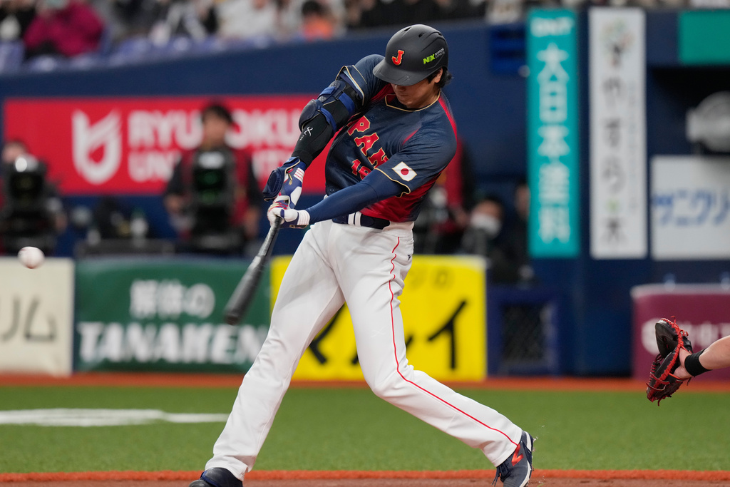 Japan DH Shohei Ohtani swings at a pitch during an exhibition before the 2026 World Baseball Classic.