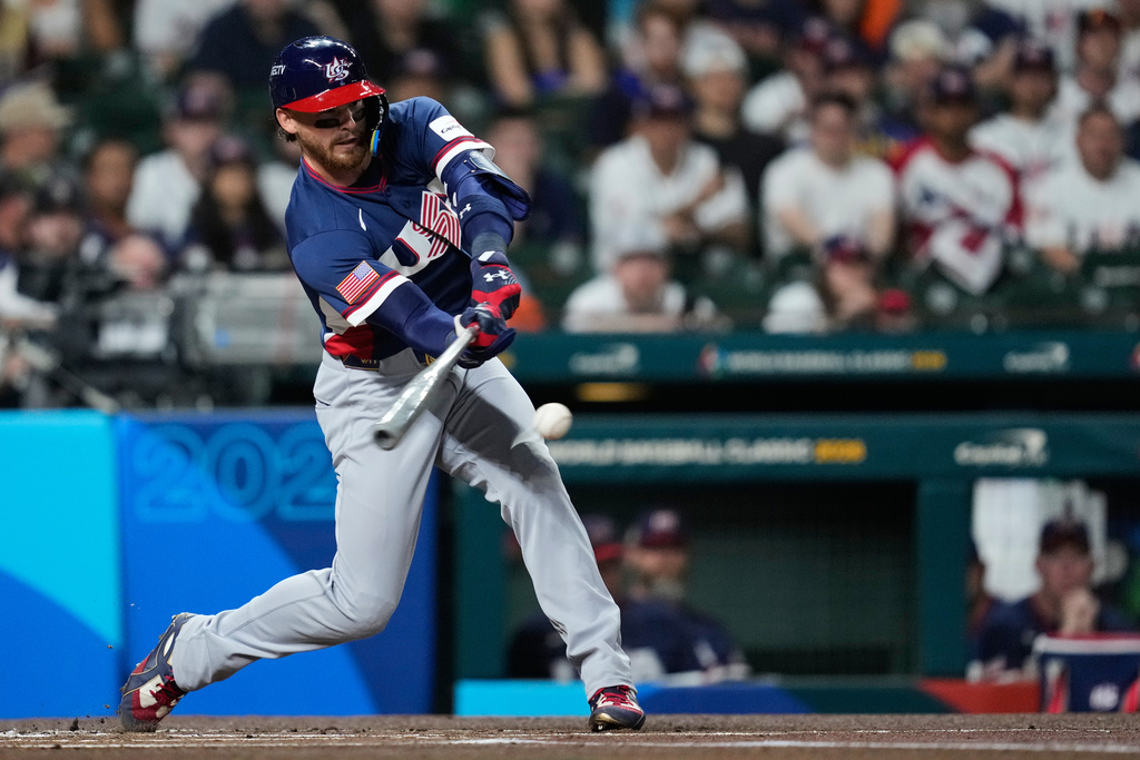 USA SS Bobby Witt Jr. takes a swing during a World Baseball Classic game against Brazil.
