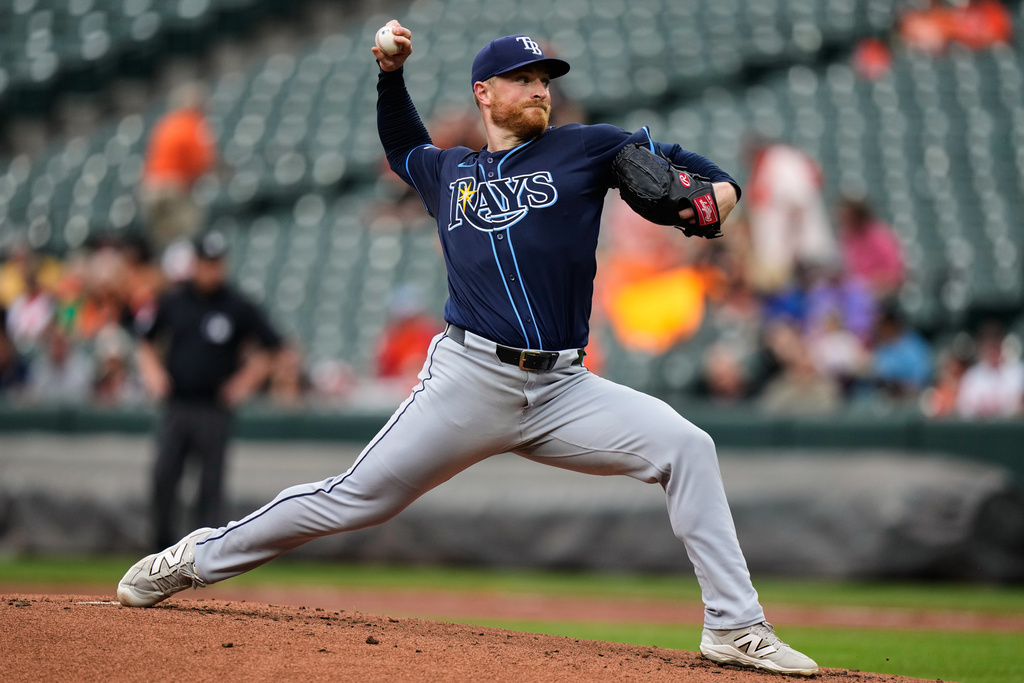 Tampa Bay Rays SP Drew Rasmussen delivers a pitch in a game against the Baltimore Orioles.
