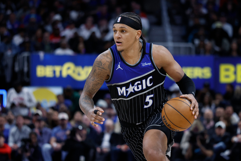 Orlando Magic PF Paolo Banchero drives during a game against the Detroit Pistons.
