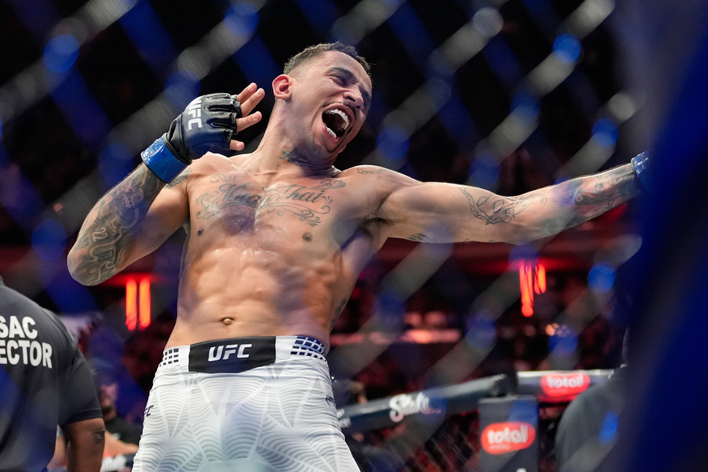 Carlos Prates celebrates following a win over Leon Edwards in November.