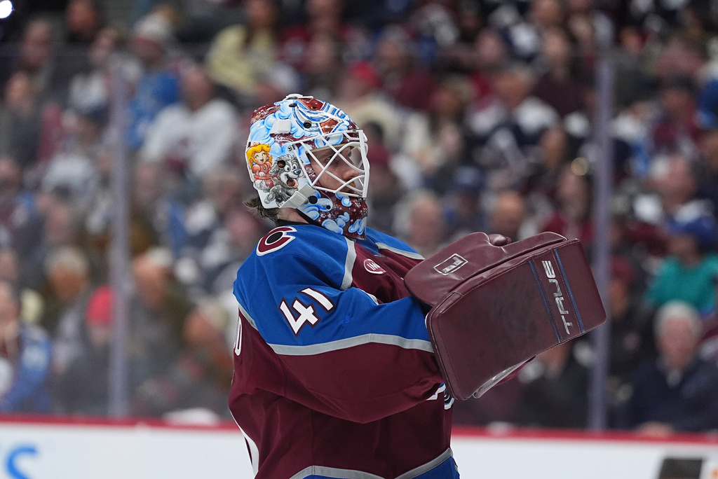 Colorado Avalanche goaltender Scott Wedgewood looks on during a game in the NHL Playoffs.