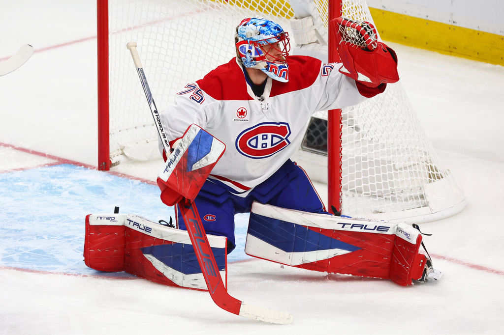Montreal Canadiens G Jakub Dobes makes a save during an NHL Playoff game against the Buffalo Sabres.