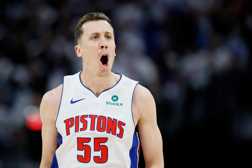 Detroit Pistons wing Duncan Robinson celebrates scoring against the Orlando Magic in the NBA Playoffs.