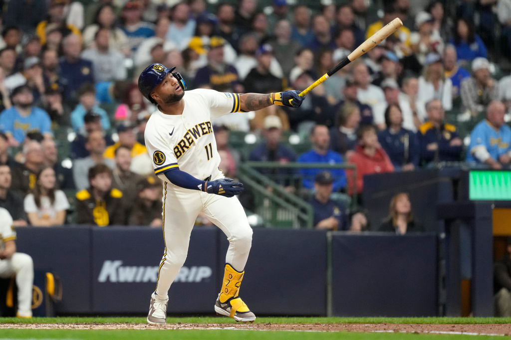Brewers OF Jackson Chourio watches a batted ball vs. the Padres.