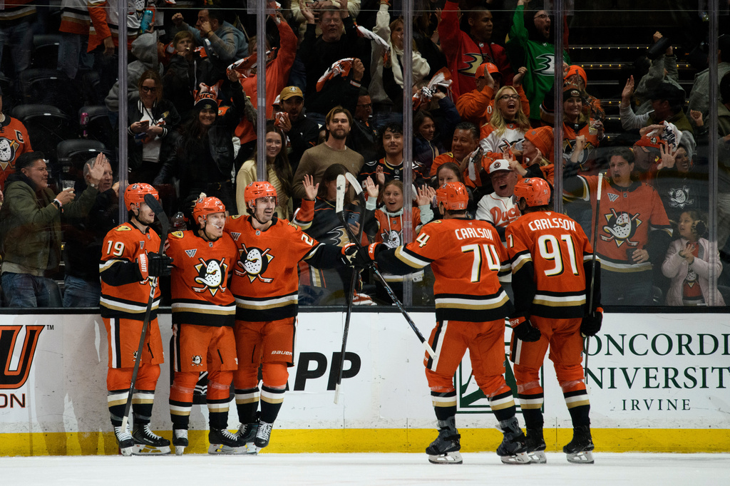 Ducks players celebrate a goal from Mikael Granlund in the playoffs vs. the Oilers.