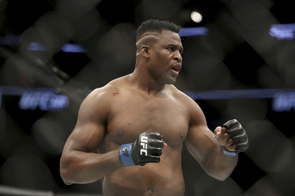 Francis Ngannou during a heavyweight championship vs. Stipe Miocic at UFC 220.