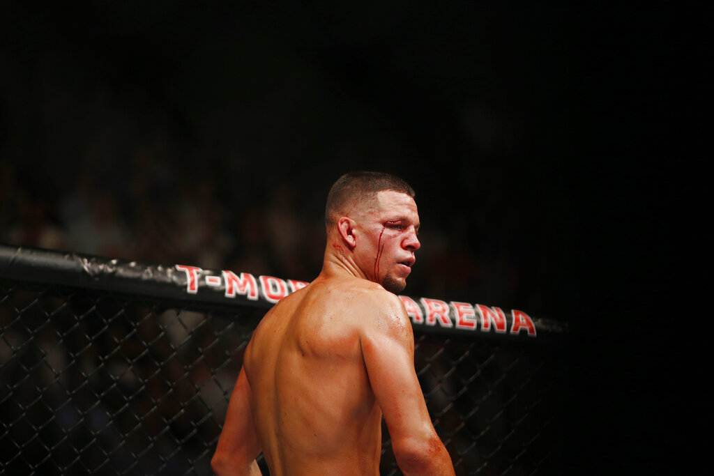 Nate Diaz during a fight vs. Conor McGregor at UFC 202 in 2016.