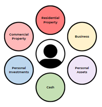 The different assets that the client may own, Property, BTL, Business