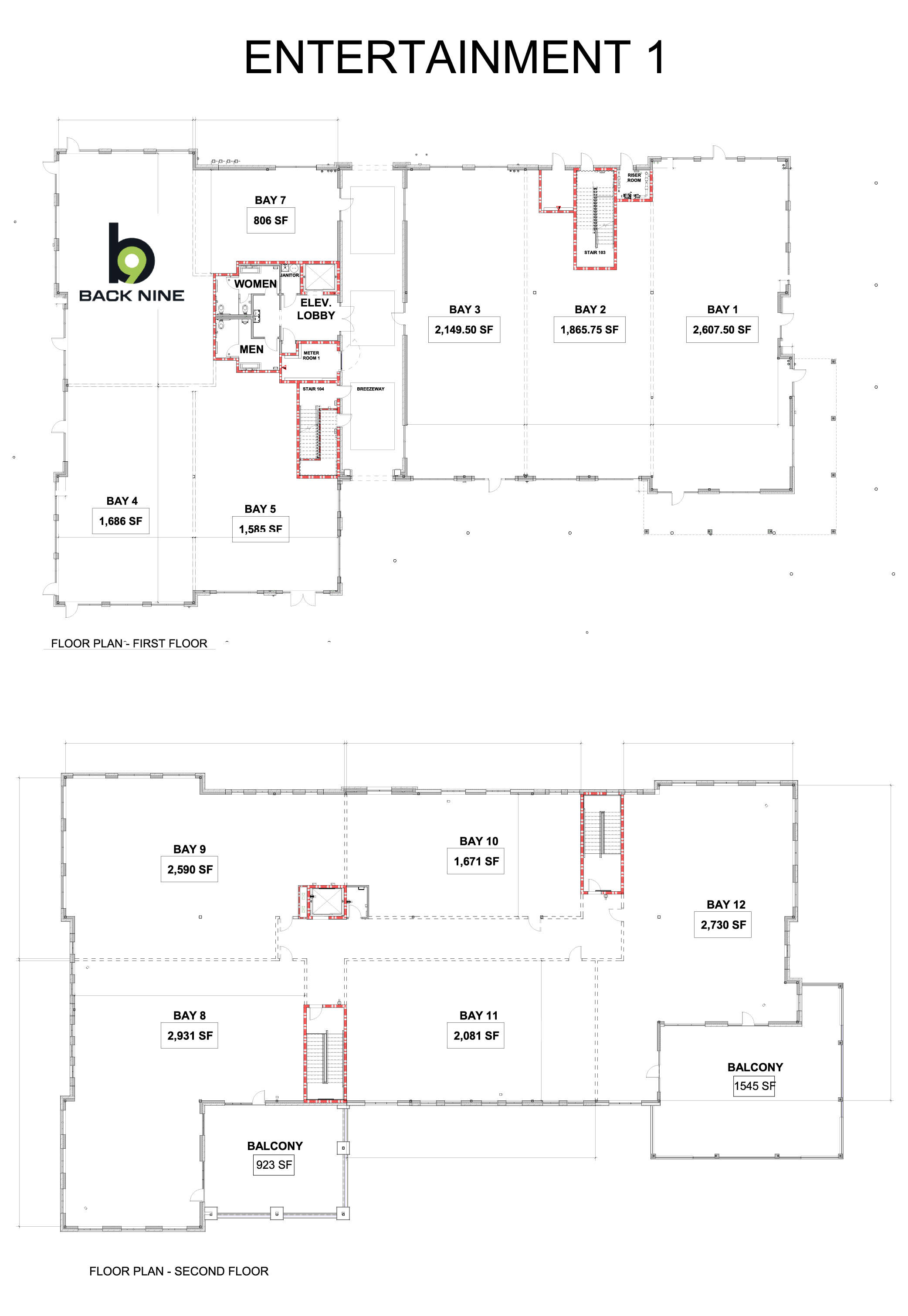 Floor plans for the Entertainment 1 building at Top of the Sipp showing the future location of Back Nine.