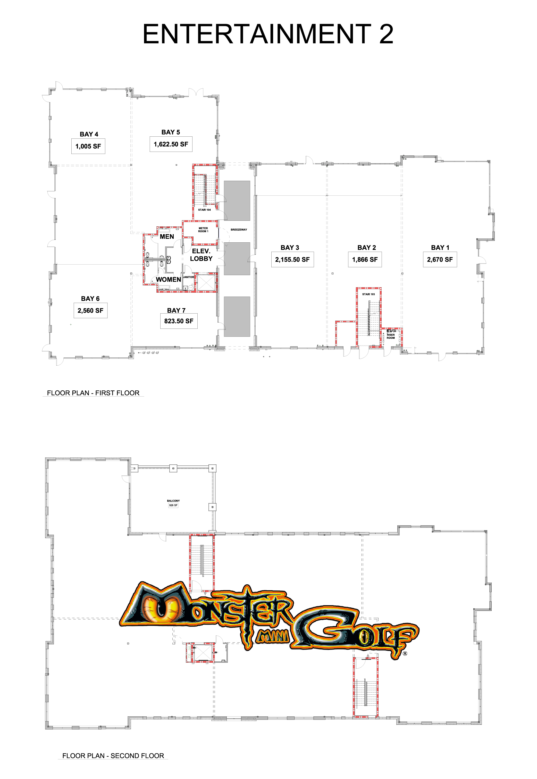 Floor plans for the Entertainment 2 building at Top of the Sipp showing the future location of Monster Mini Golf.