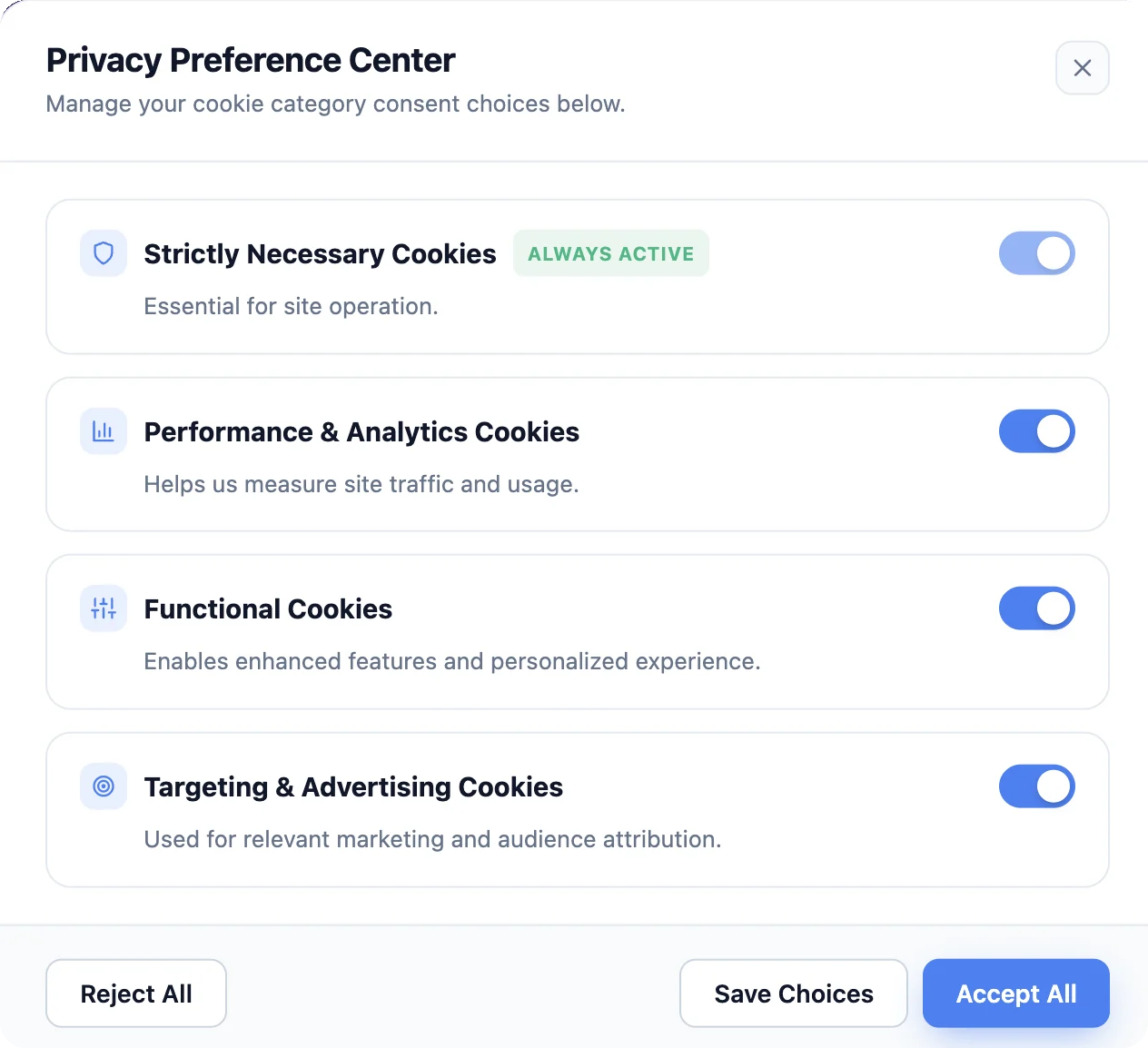 ConsentGuard preference center showing cookie categories and consent controls