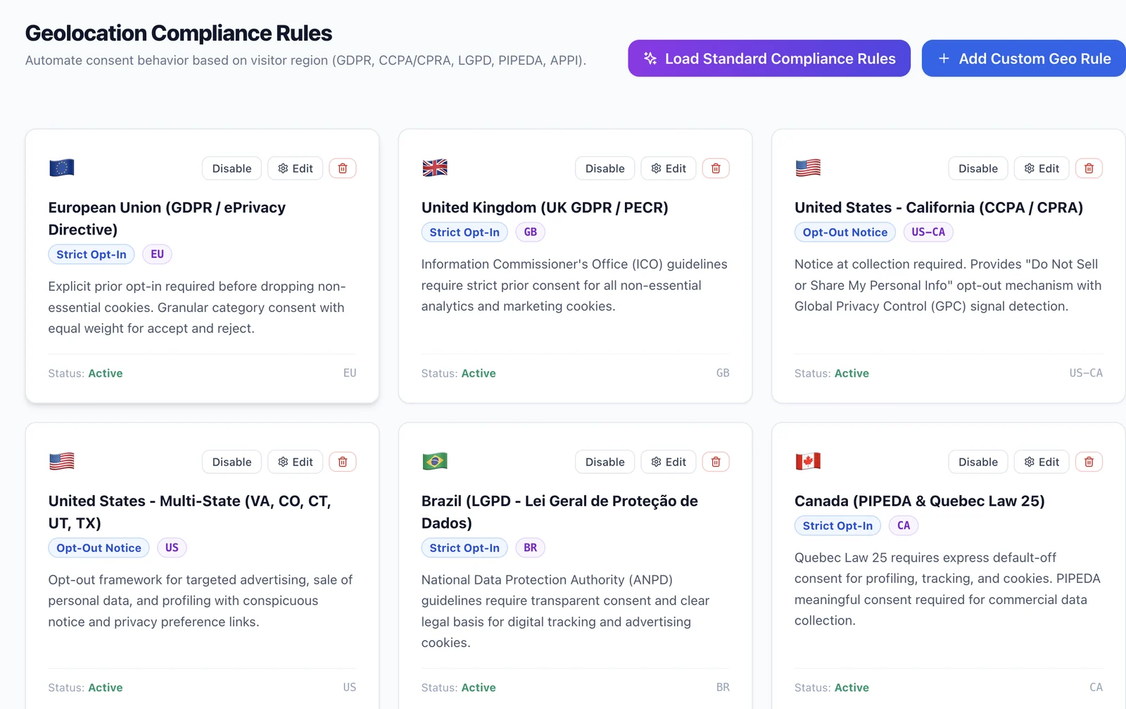 ConsentGuard regional settings showing preconfigured privacy frameworks