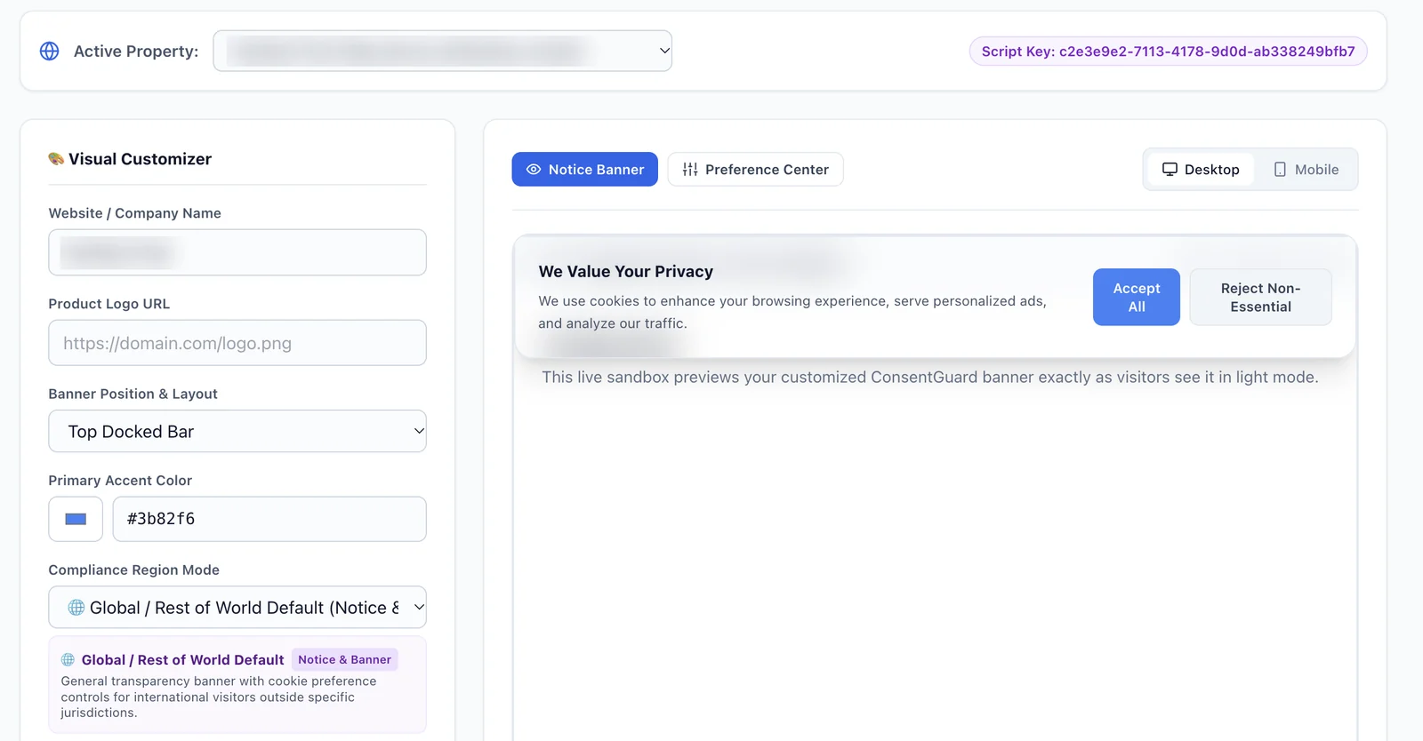 ConsentGuard banner designer with brand customization controls and a live preview