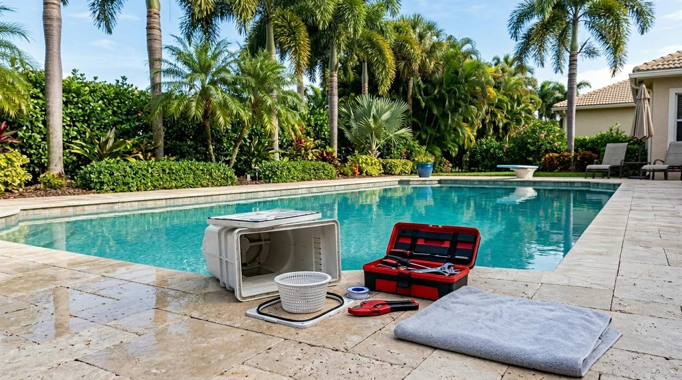 Palm Beach County backyard, tropical palm trees and green hedges in background