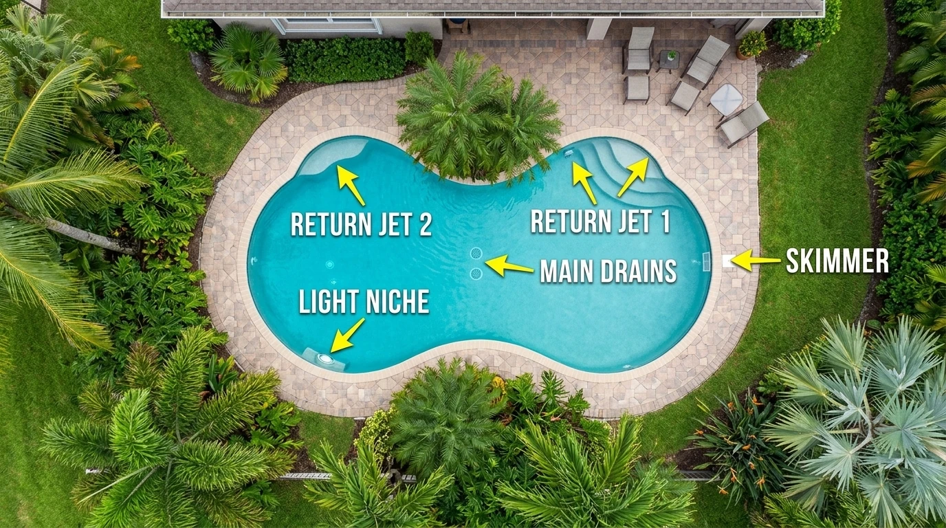 A top-down aerial view of a residential inground pool in a lush Plantation, Florida backyard with labeled arrows pointing to common leak are