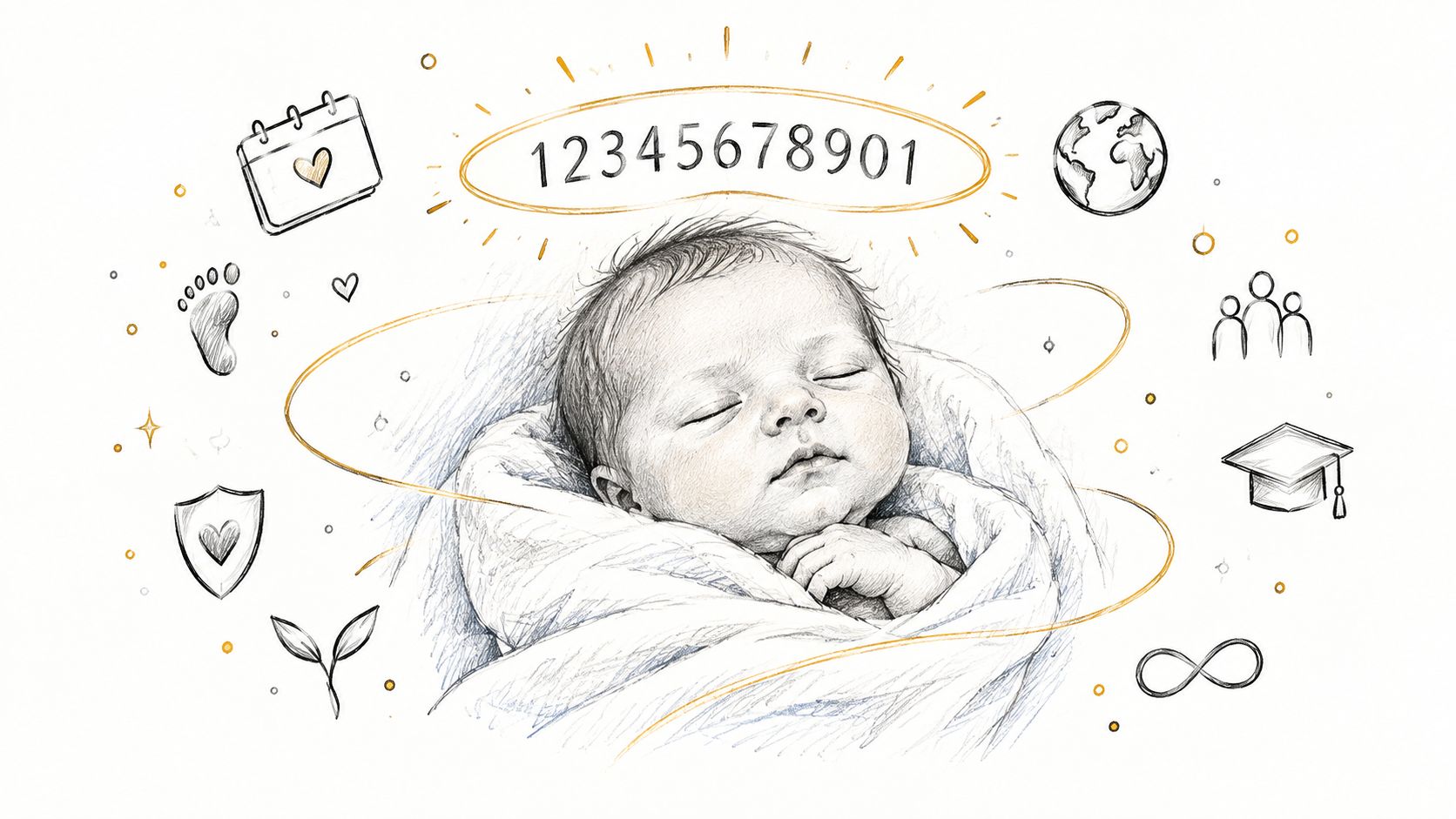 Eine illustrative Zeichnung eines schlafenden Babys mit umgebenden Symbolen, die Lebensphasen und eine Zahlenreihe symbolisieren.