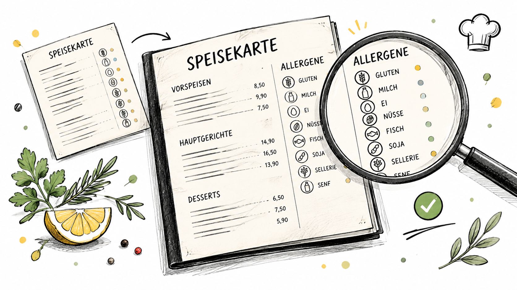 Eine illustrierte Speisekarte zeigt die Kennzeichnung von Allergenen mit Symbolen unter einer Lupe zur besseren Lesbarkeit.