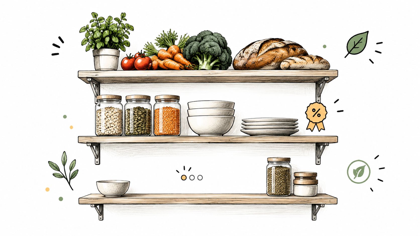 Ein illustriertes Holzregal mit frischem Gemüse, Brot, Vorratsgläsern und Geschirr für eine nachhaltige und organisierte Küche.
