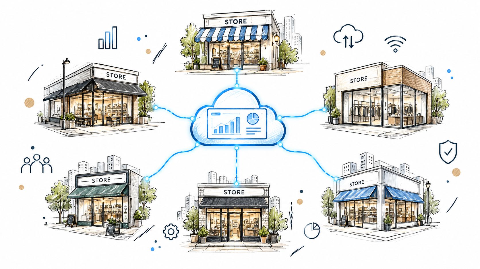 Eine grafische Darstellung, die mehrere Einzelhandelsgeschäfte mit einem zentralen Cloud-System für Datenverwaltung und Analyse verbindet.