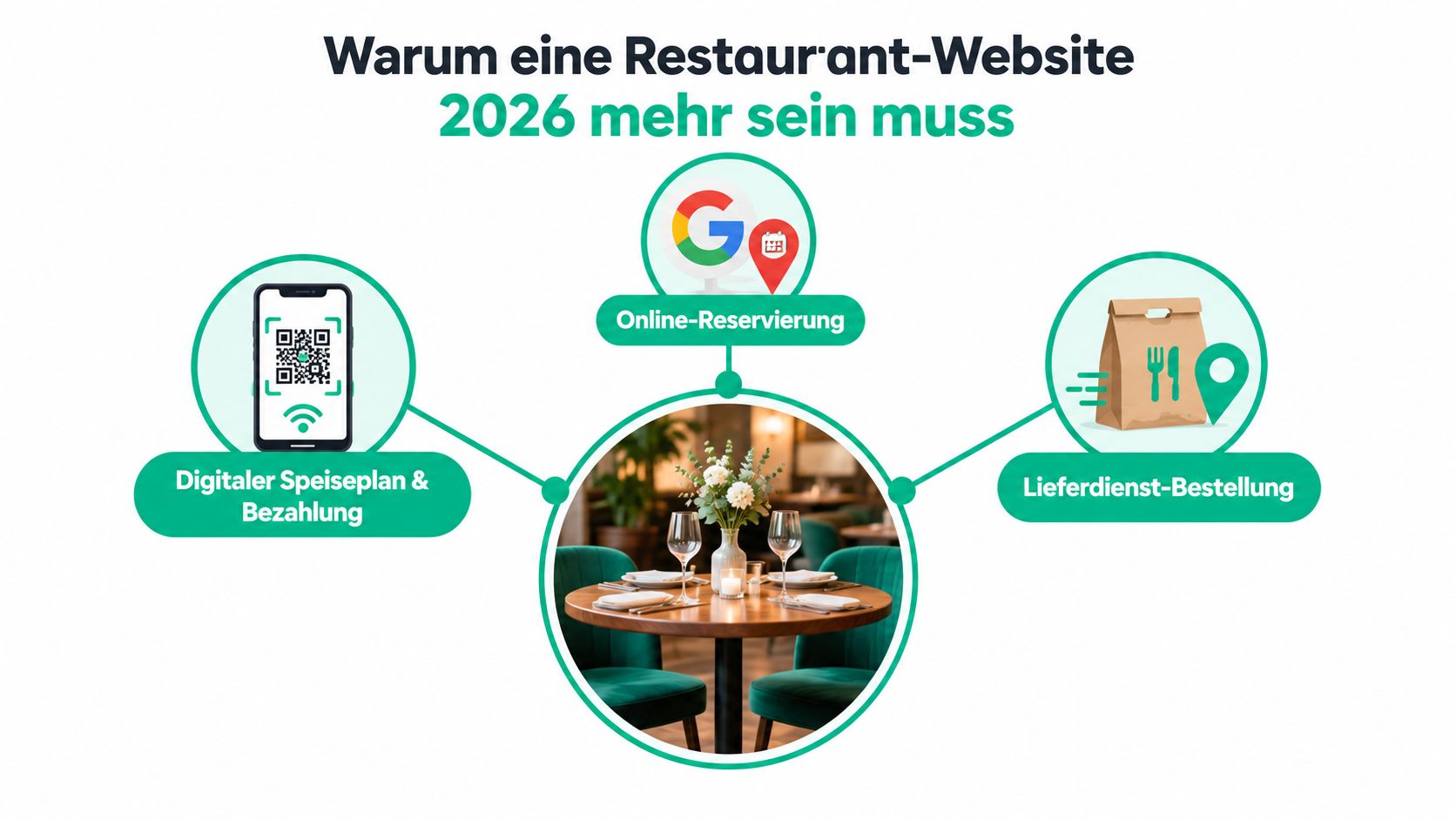 Eine Infografik erklärt die notwendigen digitalen Funktionen einer modernen Restaurant-Webseite im Jahr 2026 für den Erfolg.