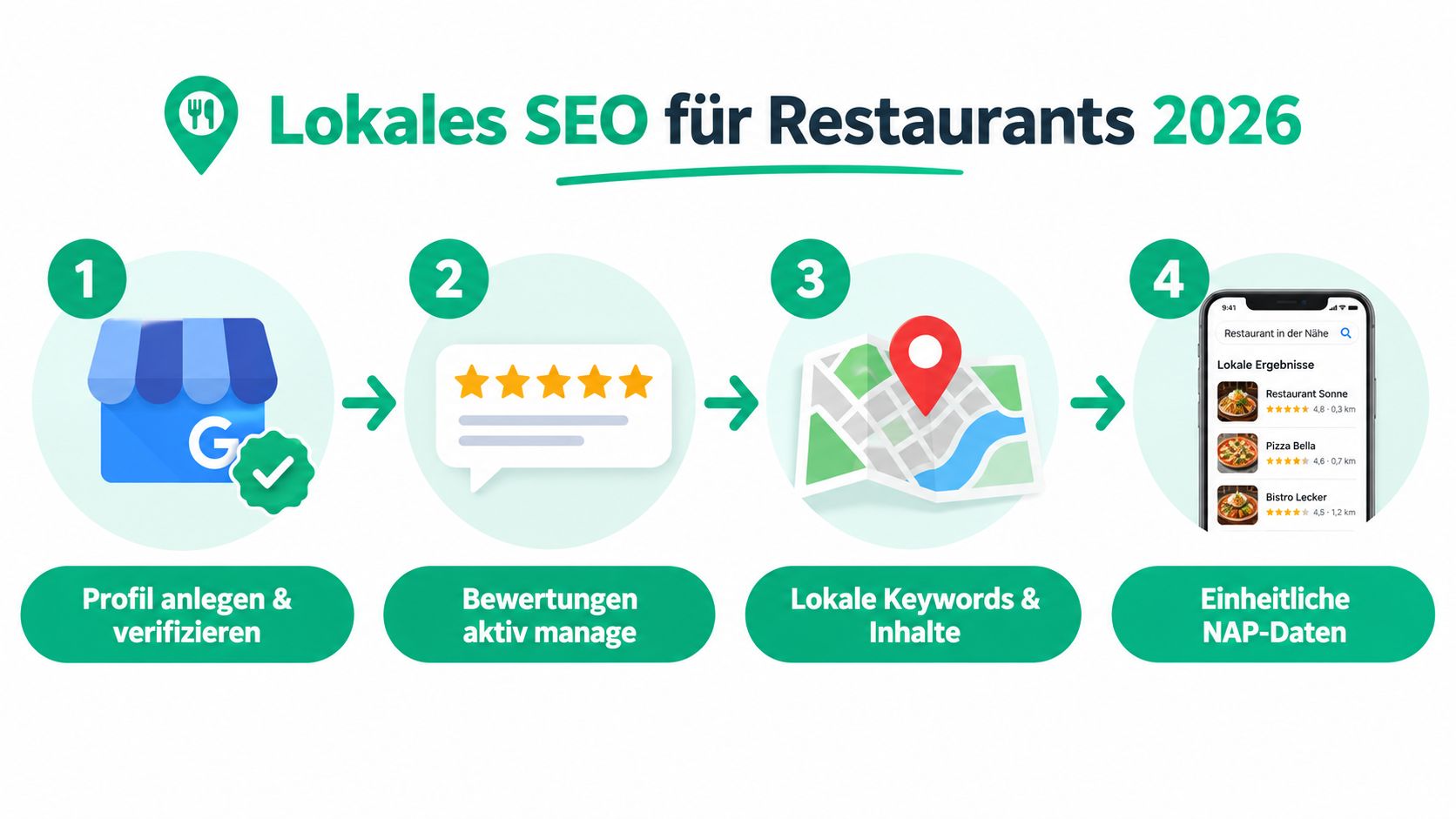 Eine Infografik mit vier Schritten zur Optimierung von lokalem SEO für Restaurants im Jahr 2026.