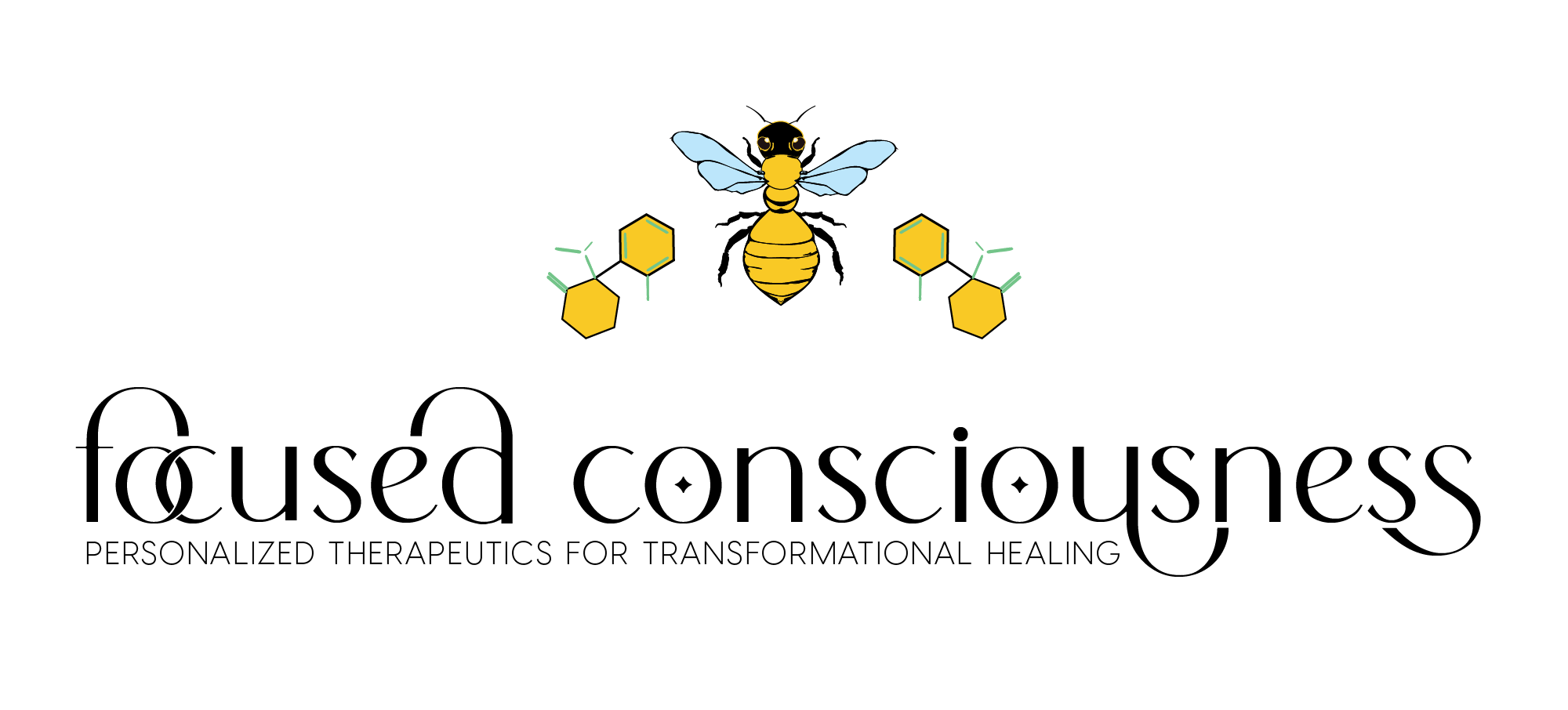 Focused Consciousness logo featuring a honeybee with hexagonal honeycomb and molecule symbols above the brand name ‘Focused Consciousness – Personalized Therapeutics for Transformational Healing,’ representing holistic psychedelic therapy and transformational mental health healing in Monroe, Louisiana.